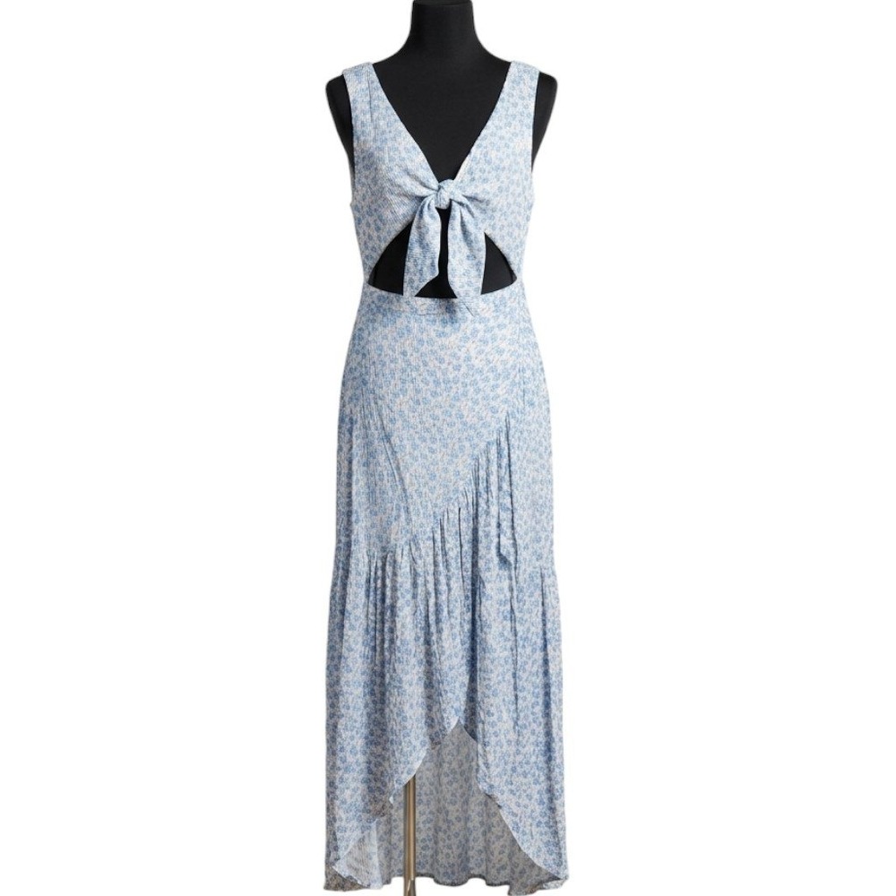 LULUS Midi Dress XL Blue Floral Tie Front Cutout High Low Ruffle Clean Girl - Picture 2 of 6